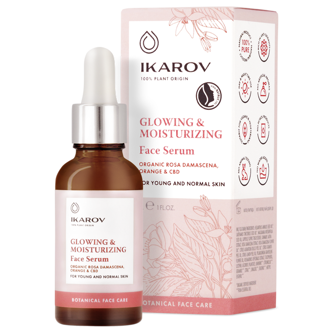 Ikarov GLOWING & MOISTURIZING Face Serum with organic rose Damascena, orange & CBD for young and normal skin 30ml