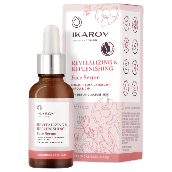 Ikarov REVITALIZING & REPLENISHING Face Serum  with organic rose Damascena, neroli & CBD for dry and mature skin 30ml