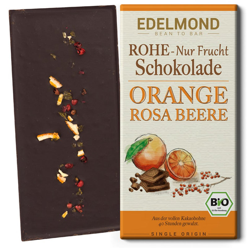 Edelmond Dark chocolate with 75% unroasted cocoa beans, oranges and pink pepper, organic, 80g